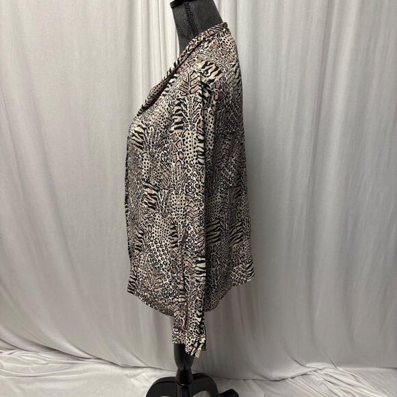 Jacqueline Ferrar Silk Blouse Womens Size 6 Animal Print Button-Up Brown Black - Picture 6 of 8